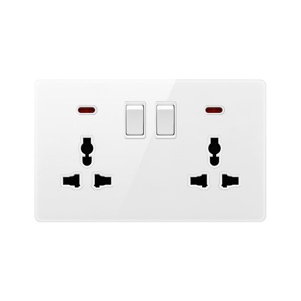 SWITCHED DOUBLE 3PIN UNIVERSAL SOCKET WITH NEON-GLASS WHITE