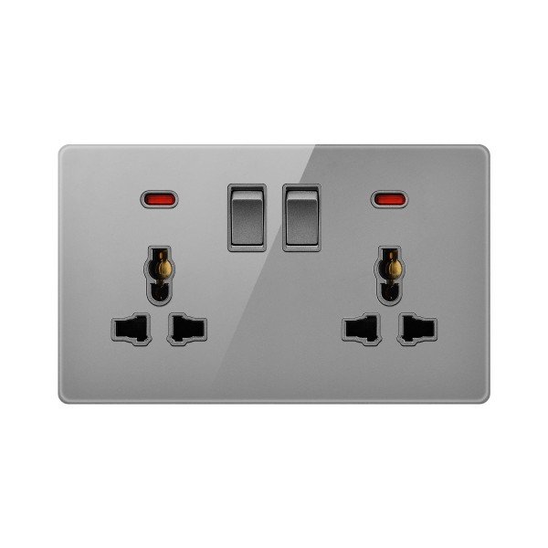SWITCHED DOUBLE 3PIN UNIVERSAL SOCKET WITH NEON-GLASS GRAY