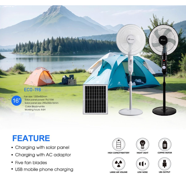 ECO 16" INCH PEDESTAL RECHARGEABLE SOLAR FAN