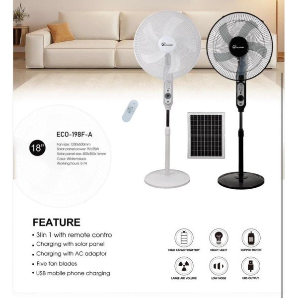ECO 18" INCH PEDESTAL RECHARGEABLE SOLAR FAN