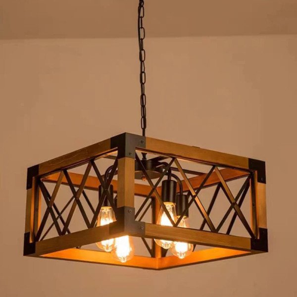 Solid Wood Square Frame Iron 4-Light Island Light Chandelier