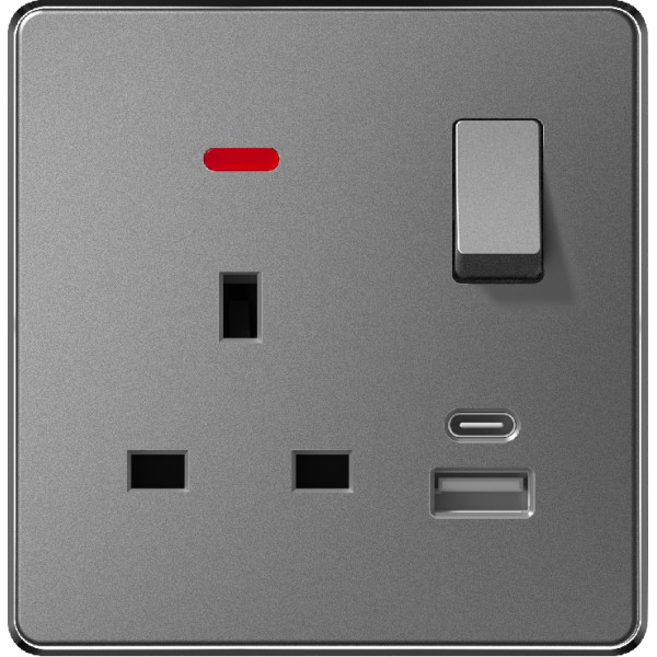 V-Max 13A 1 GANG SWITCH + SOCKET USB & TYPE-C WITH NEON - GRAY