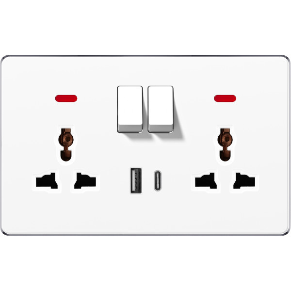 SWITCHED DOUBLE 3 PIN UNIVERSAL SOCKET USB & TYPE-C - WHITE