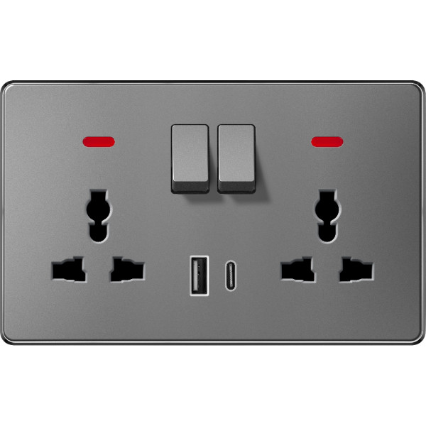 V-Max SWITCHED DOUBLE 3 PIN UNIVERSAL SOCKET USB & TYPE-C - GRAY